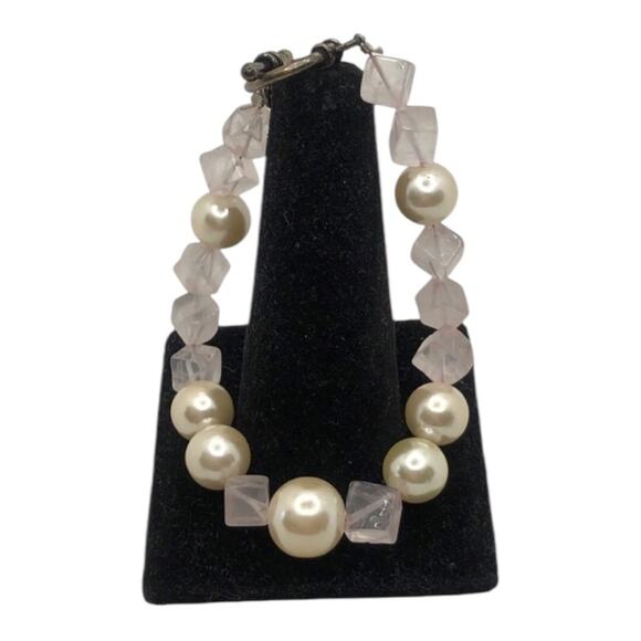 Handmade Vintage Inspired Faux Pearl Pink Gemstones Necklace & Two Bracelets Set - Picture 7 of 16